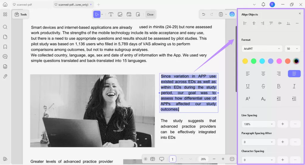 text properties panel