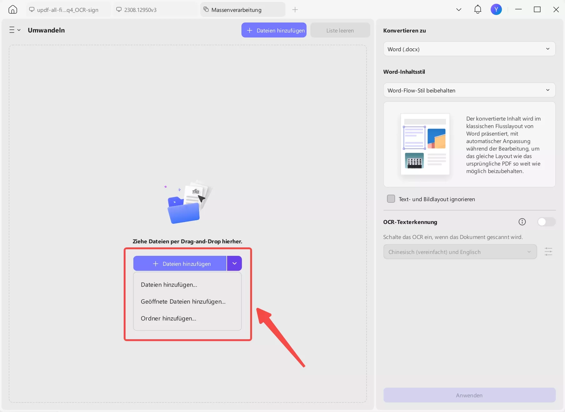 Stapelweise PDFs in Word umwandeln - Datei hinzufügen