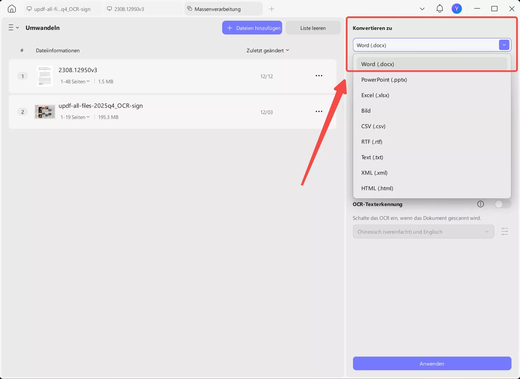 Stapelweise PDFs in Word umwandeln - Ausgabeformat