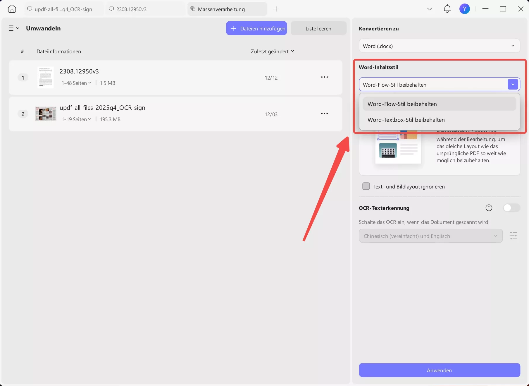 Stapelweise PDFs in Word umwandeln - Layout-Einstellungen