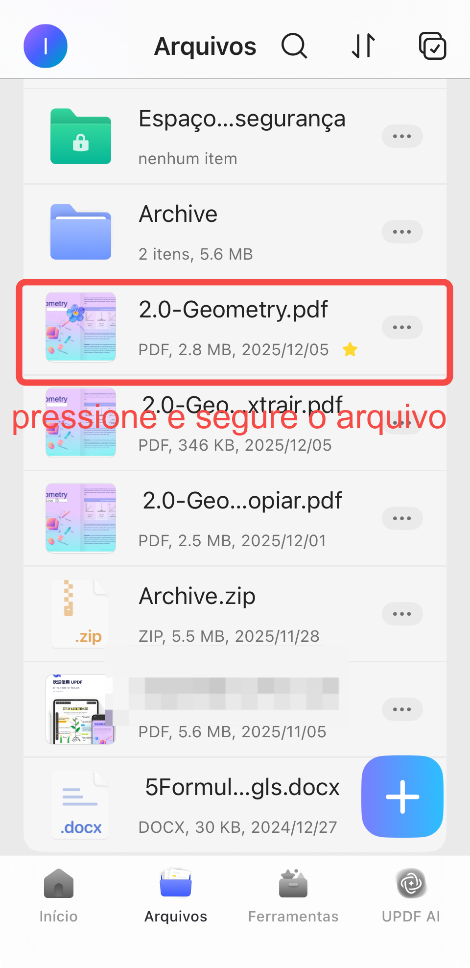 pressione e segure o arquivo