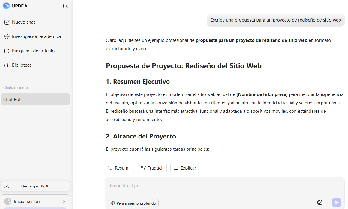 Ejemplo de propuesta generada con UPDF AI