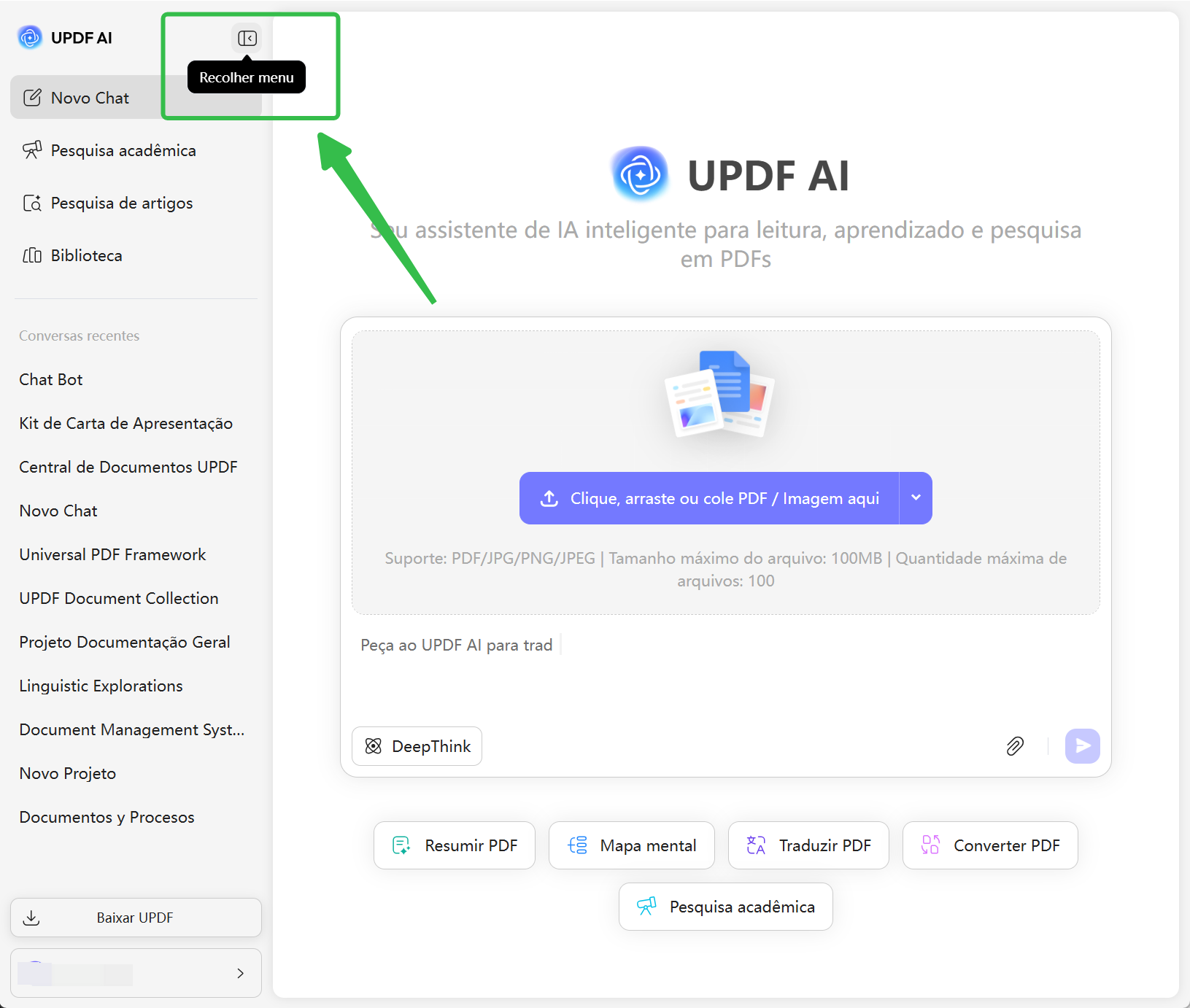 collapse or expand navigation bar updf ai online