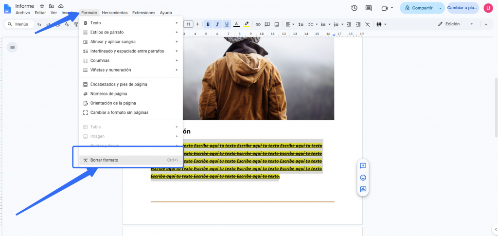 Borrar todo el formato en google docs