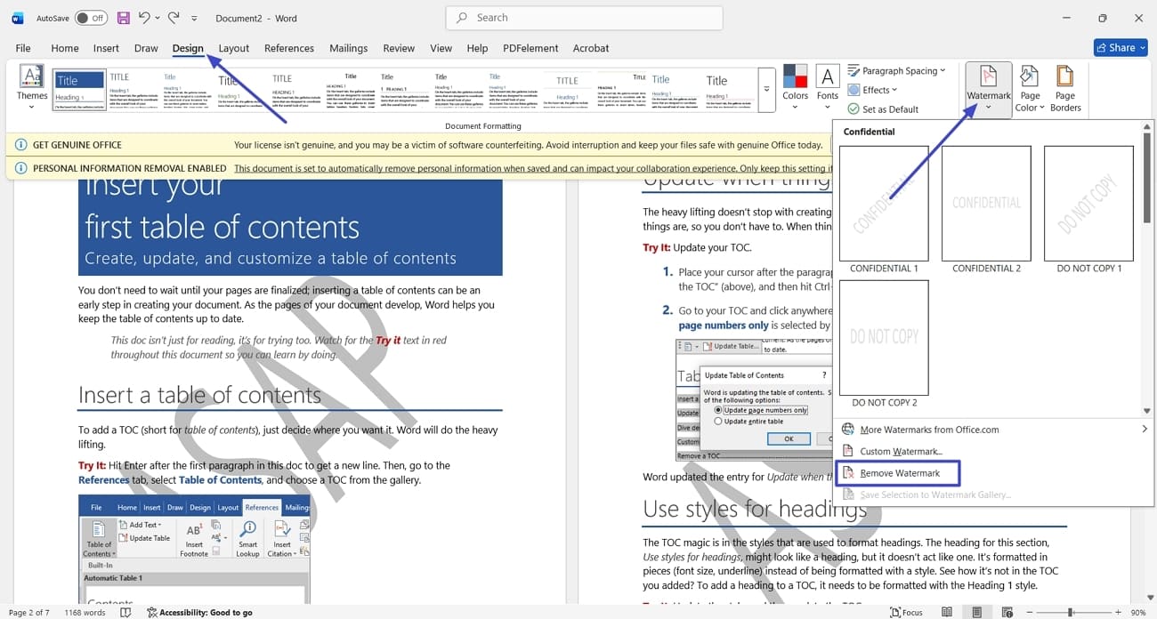removing draft watermark word windows