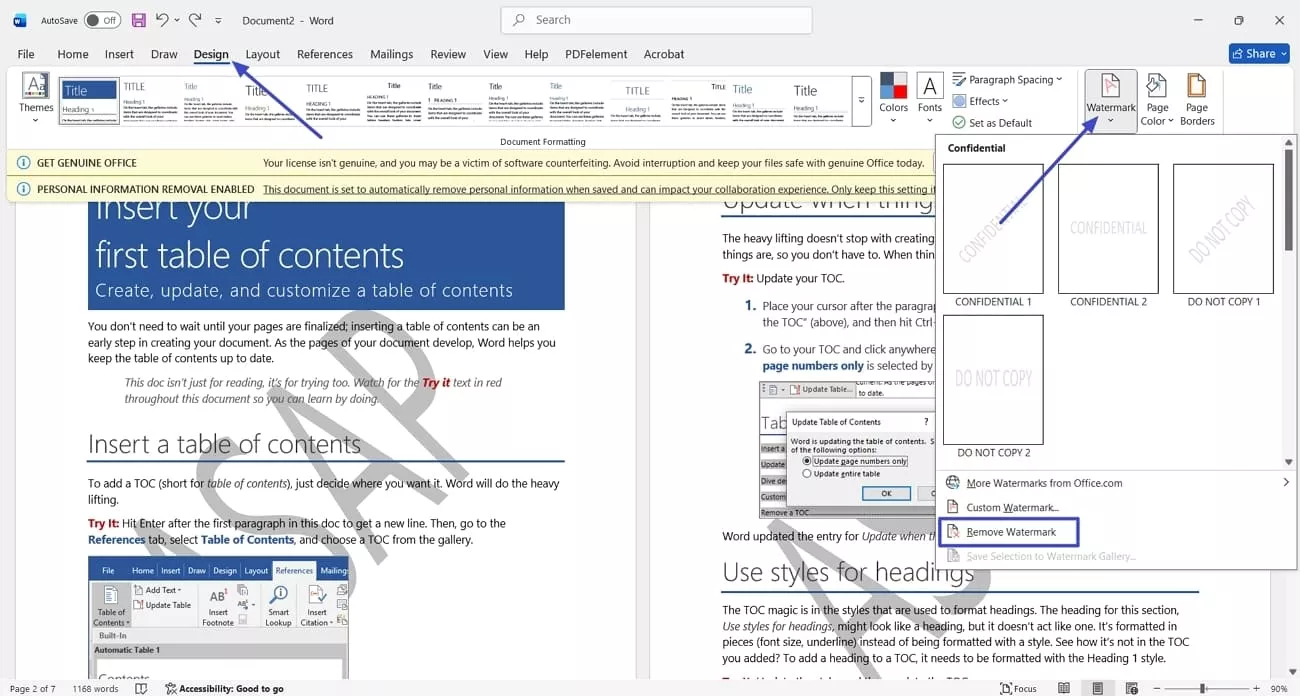 removing draft watermark word windows