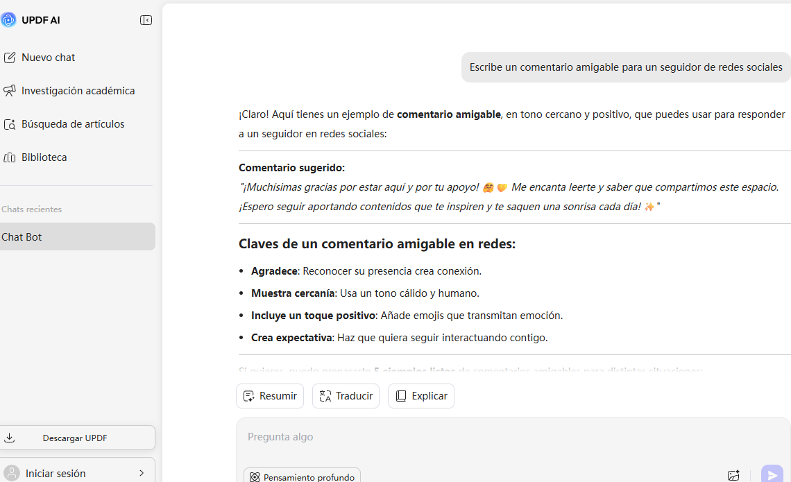 Interfaz del generador de respuestas con IA