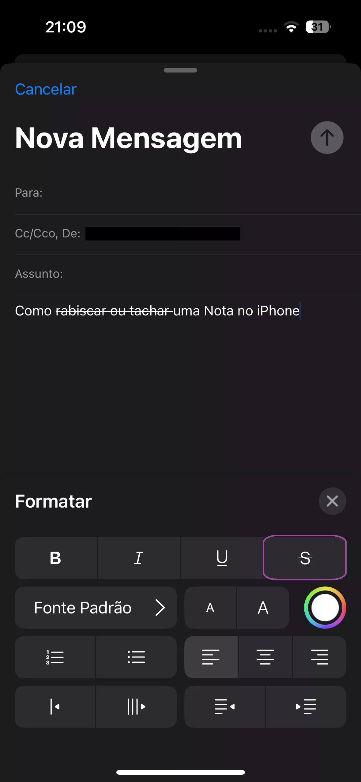 toque na opção de tachado no e-mail do iphone