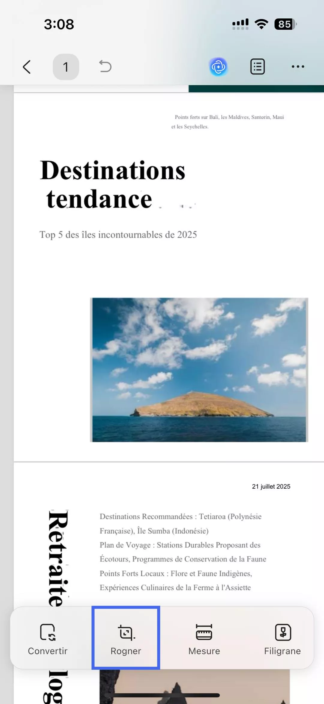 option de recadrage d'accès updf ios