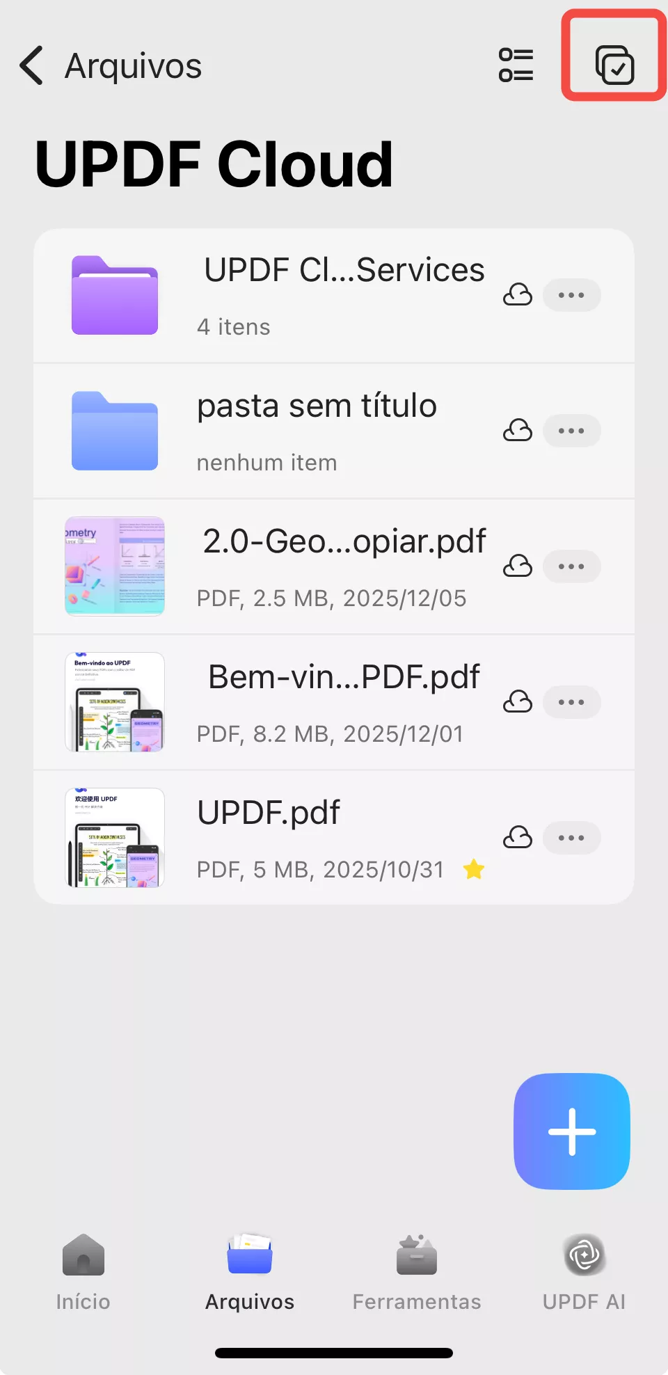 selecionar arquivos ou pastas no updf cloud