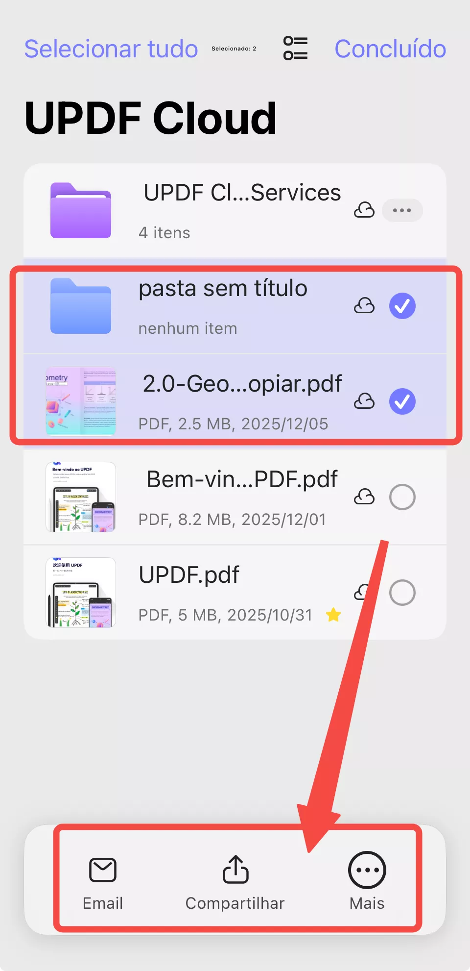 selecionar arquivos ou pastas no updf cloud