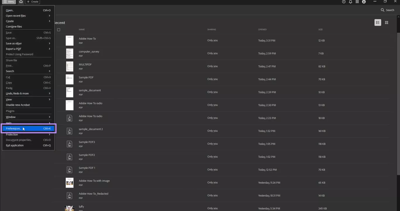 selecting preferences in adobe acrobat