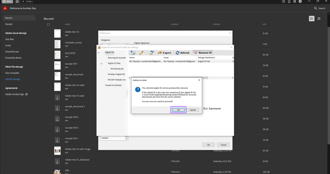 selecting the ok button in the dialogue box