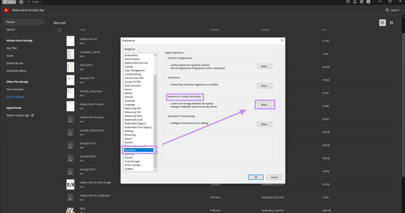 selecting the signature option