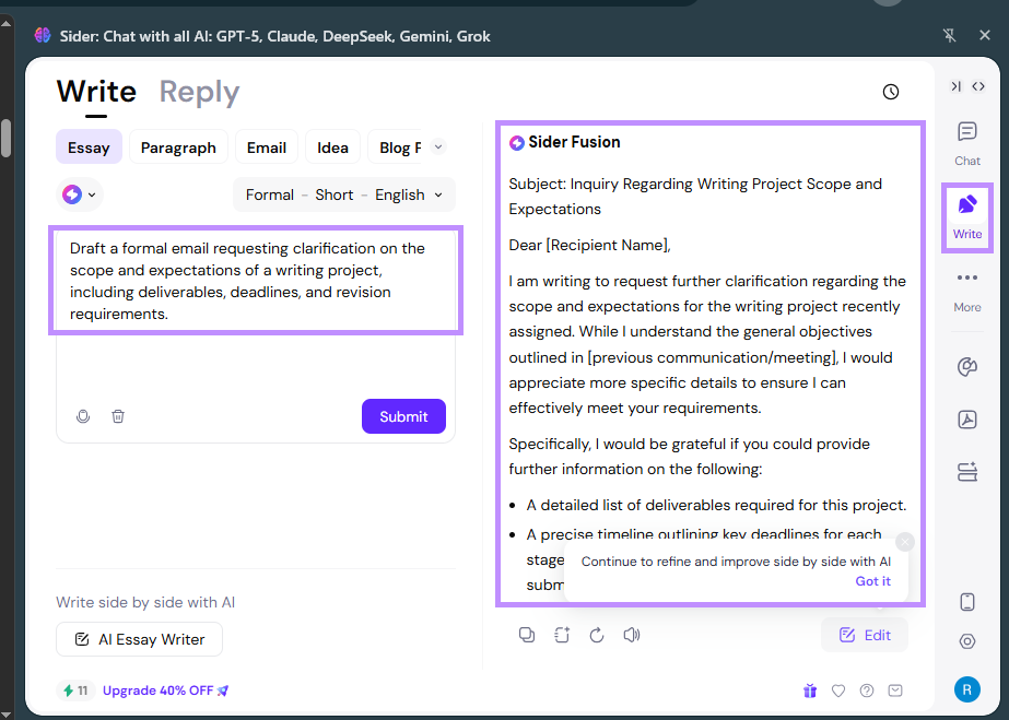 draft email with sider ai