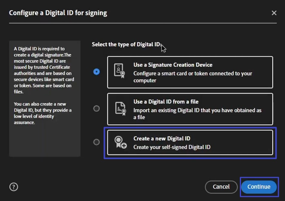 choose create a new digital id