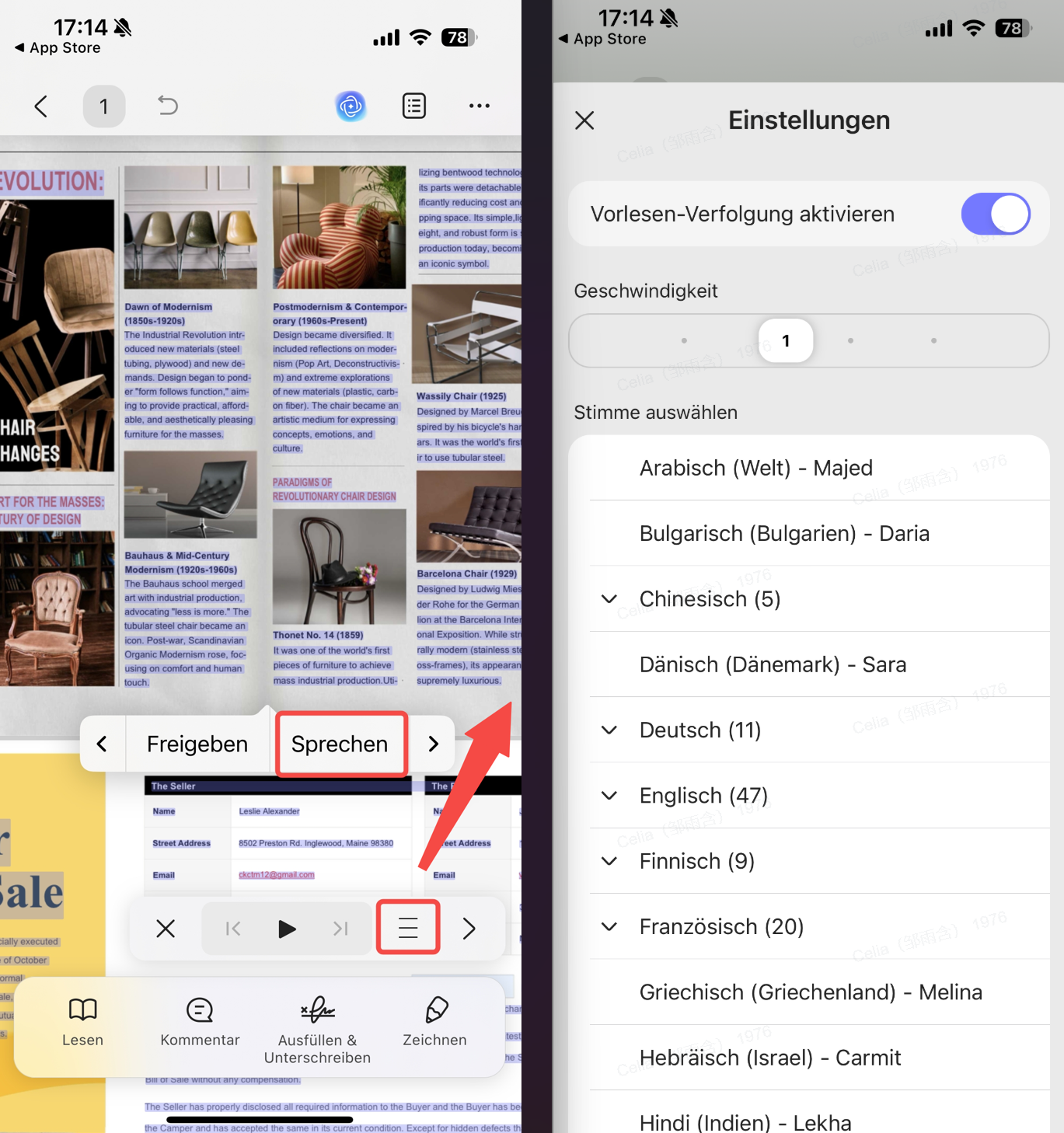 Vollständiges Vorlesen von Texten in UPDF für iOS