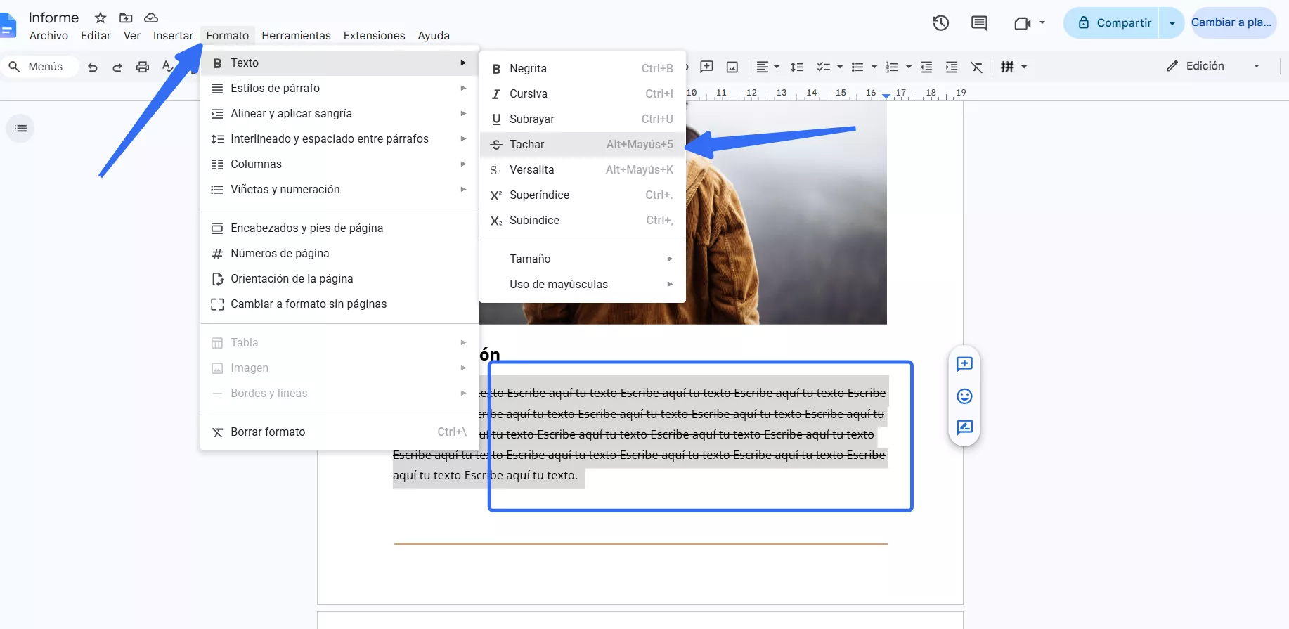 tachar texto en Google Docs en el ordenador desde formato