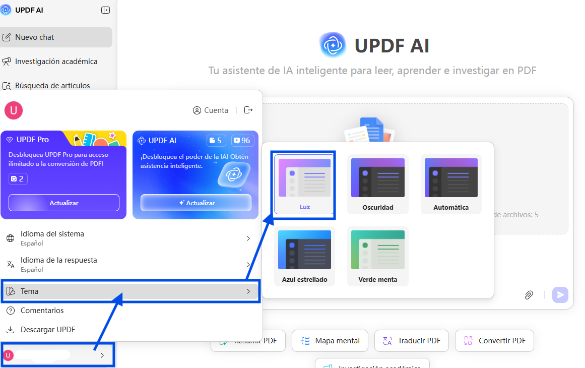 cambiar color de tema de updf ai online