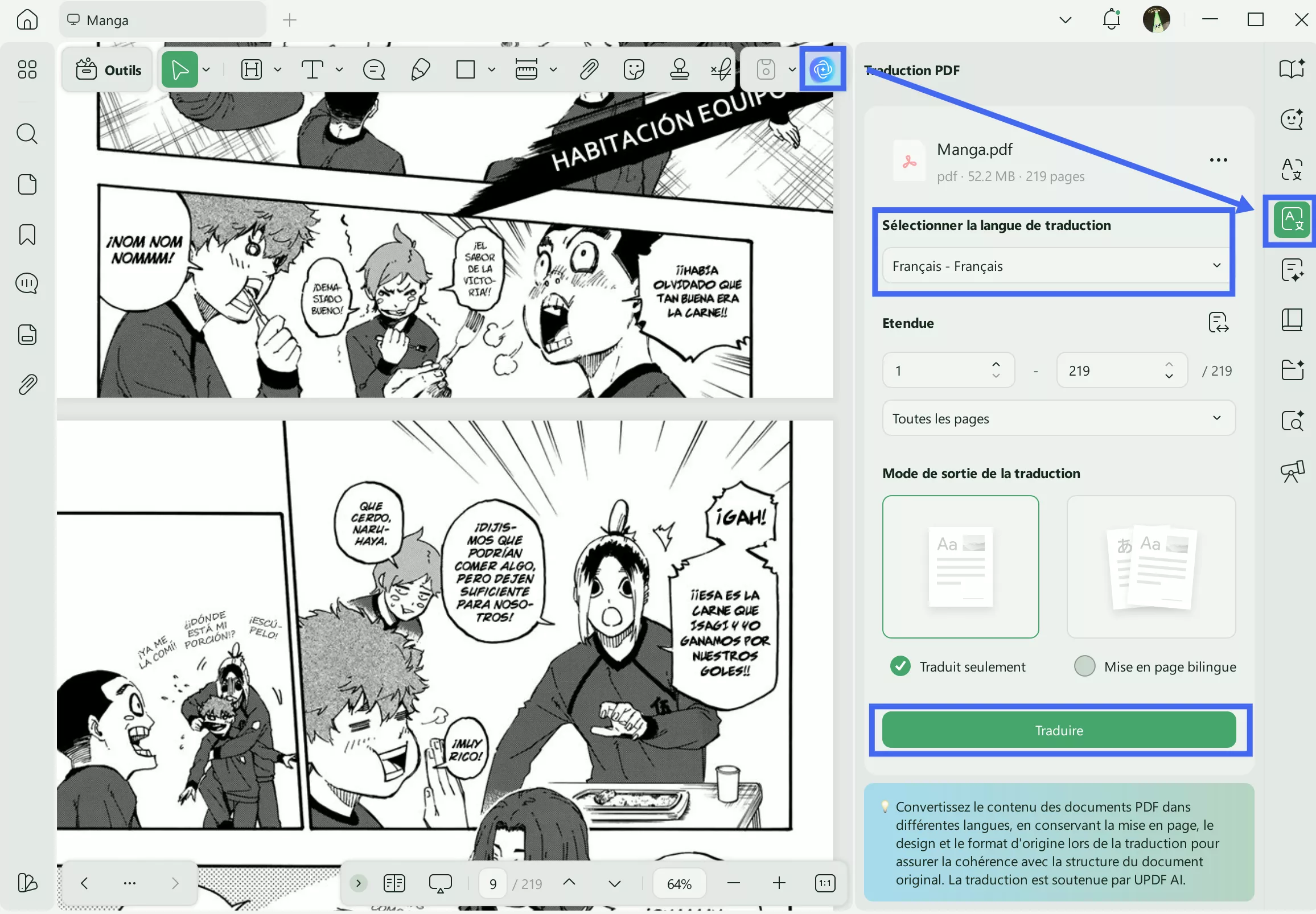 traduire du texte de manga avec updf windows