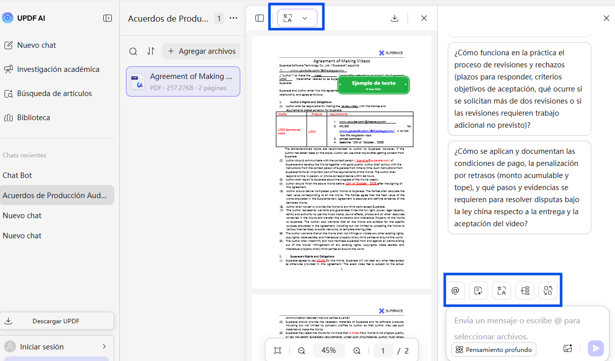 Interfaz de análisis de PDF con UPDF AI