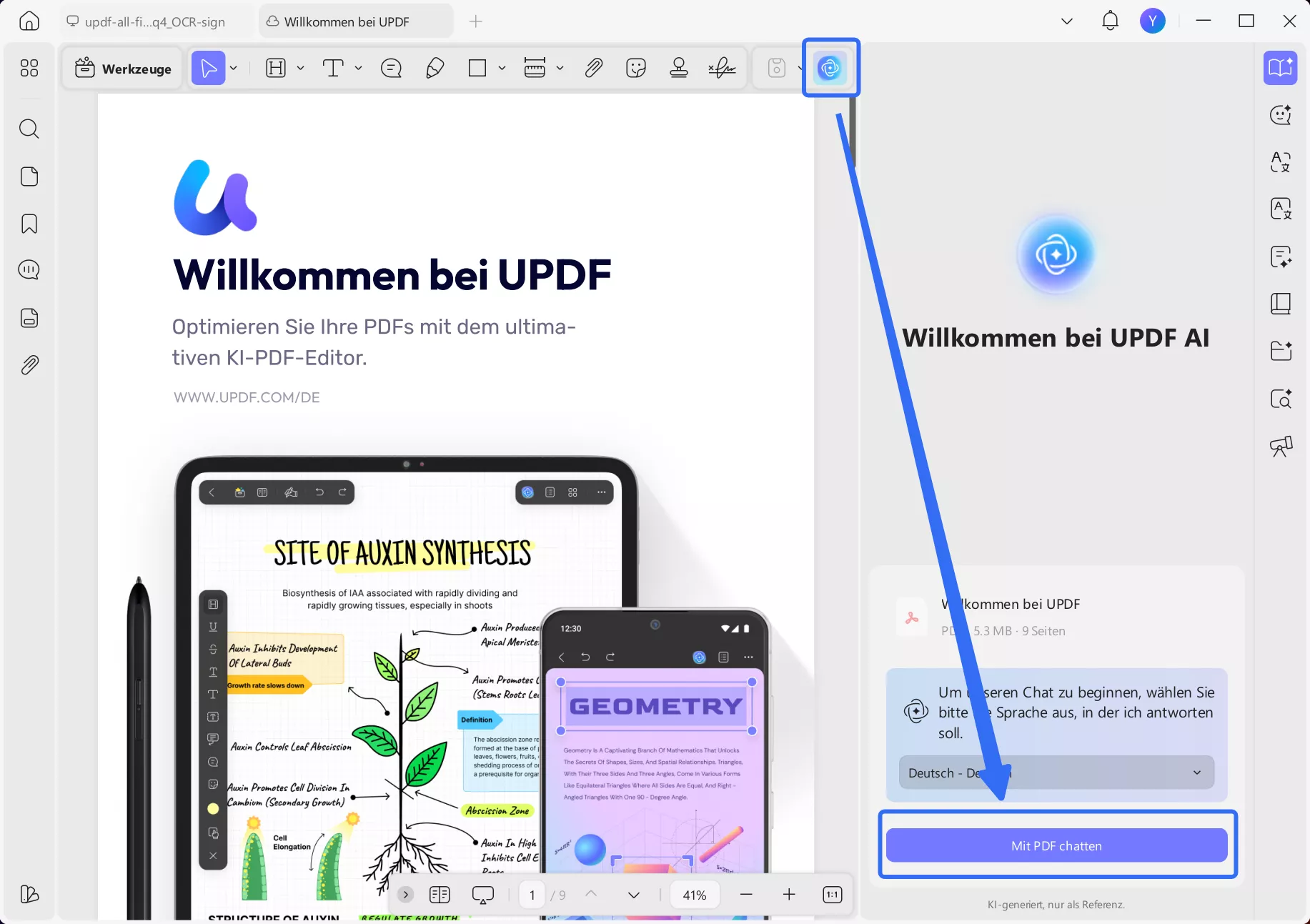 Klicken Sie auf „Mit PDF chatten“ unter „UPDF AI“.