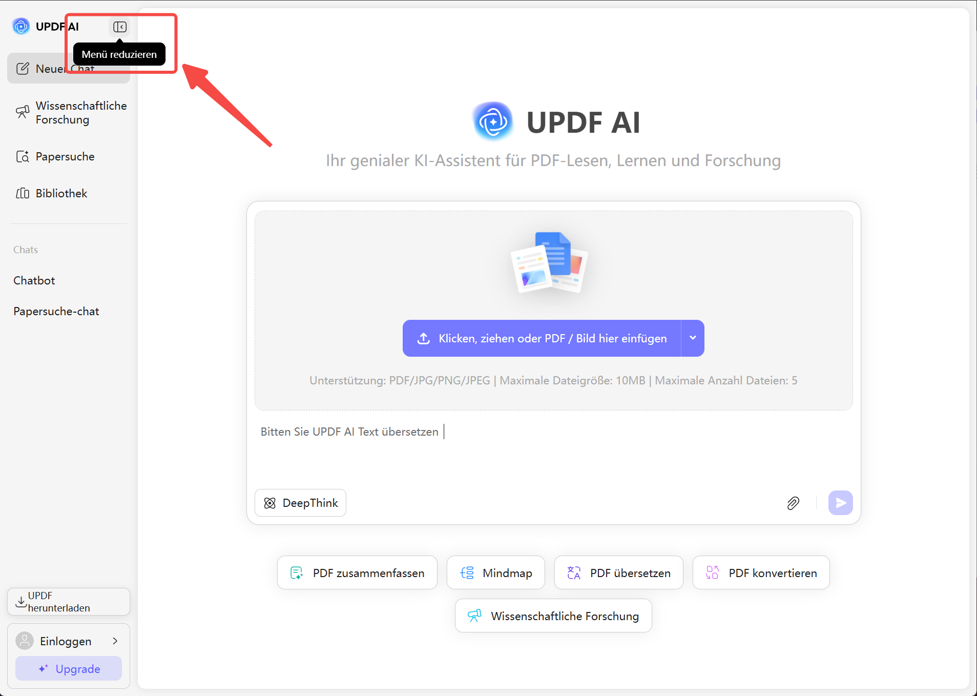 Navigationsleiste in UPDF AI Online ein- oder ausklappen