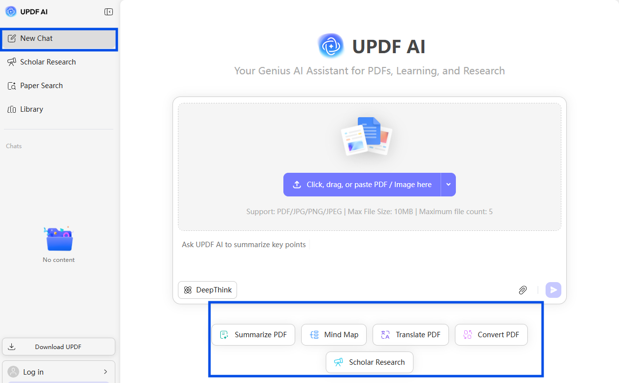 Interfaz de uso de UPDF AI como alternativa a ChatPDF