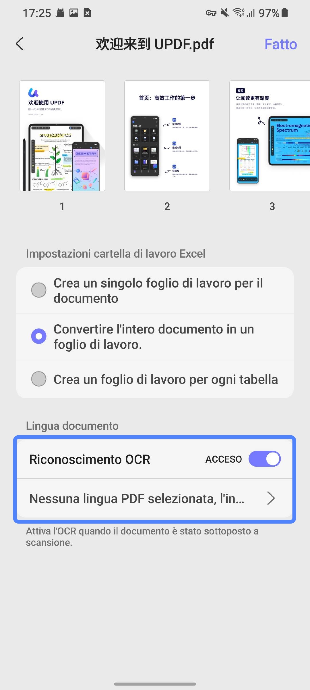  enable ocr and select language when pdf to excel updf android