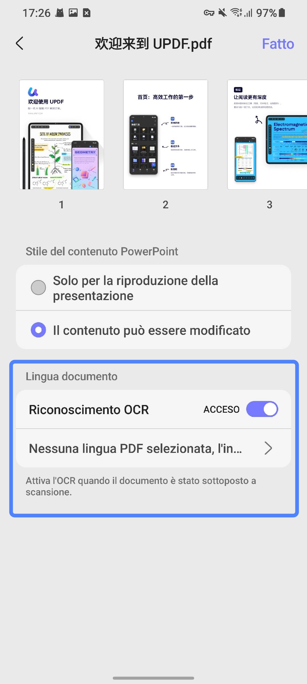 turn on ocr recognition when pdf to ppt updf android