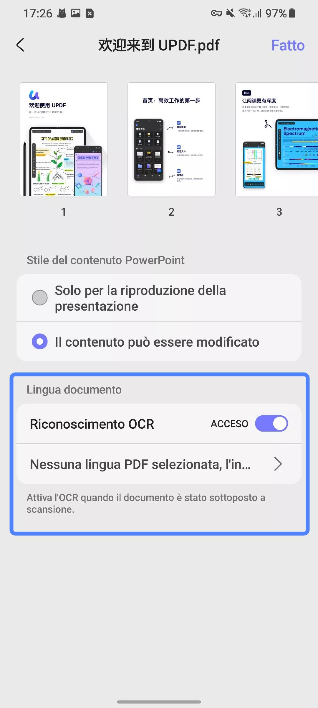 turn on ocr recognition when pdf to ppt updf android