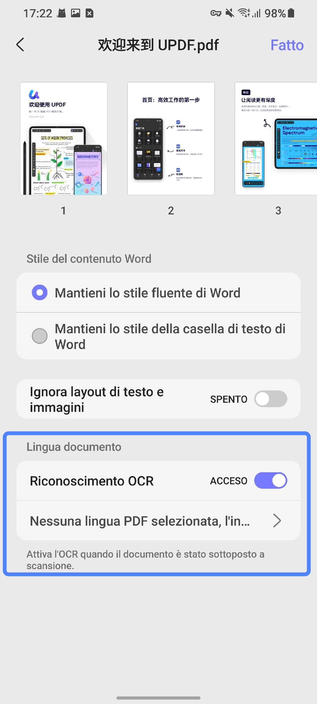  enable ocr and select language updf android