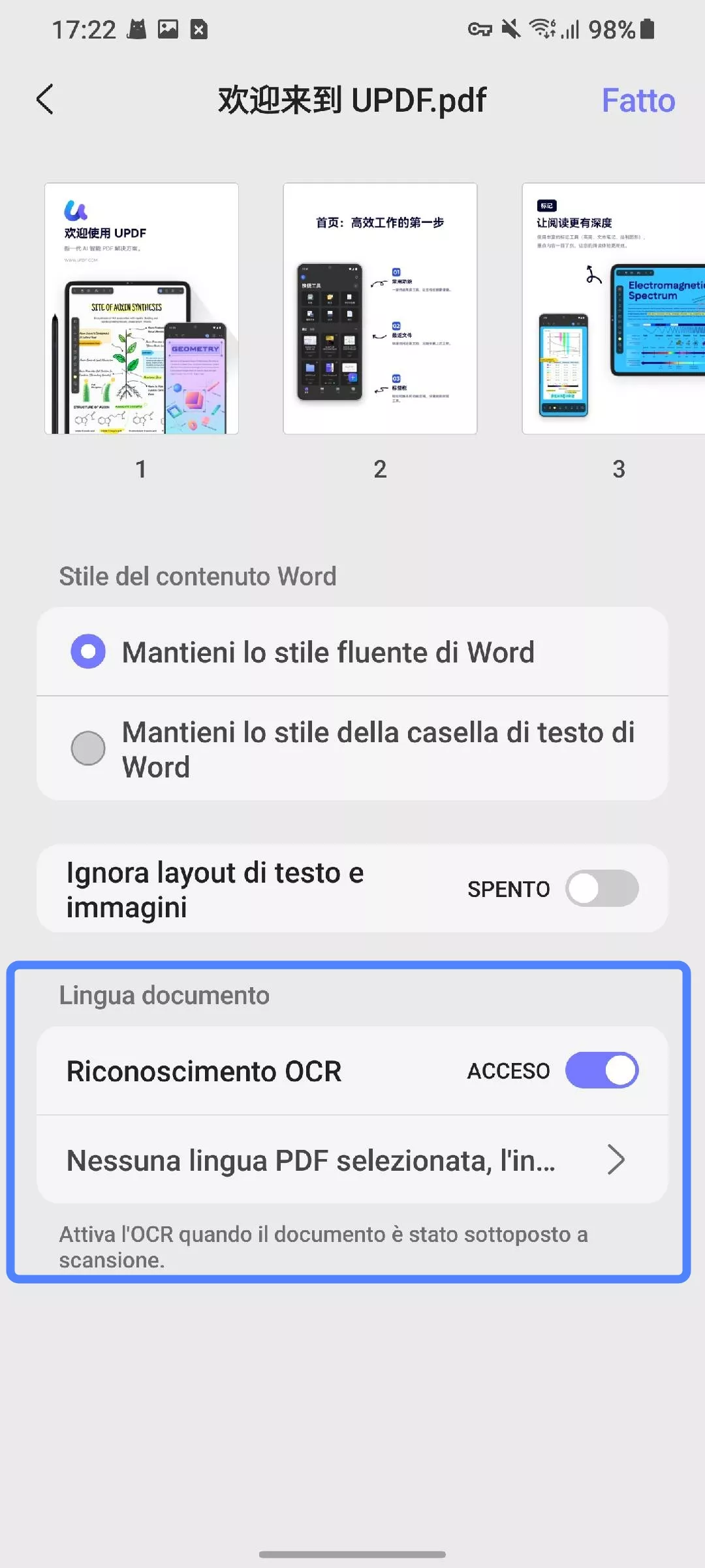  enable ocr and select language updf android