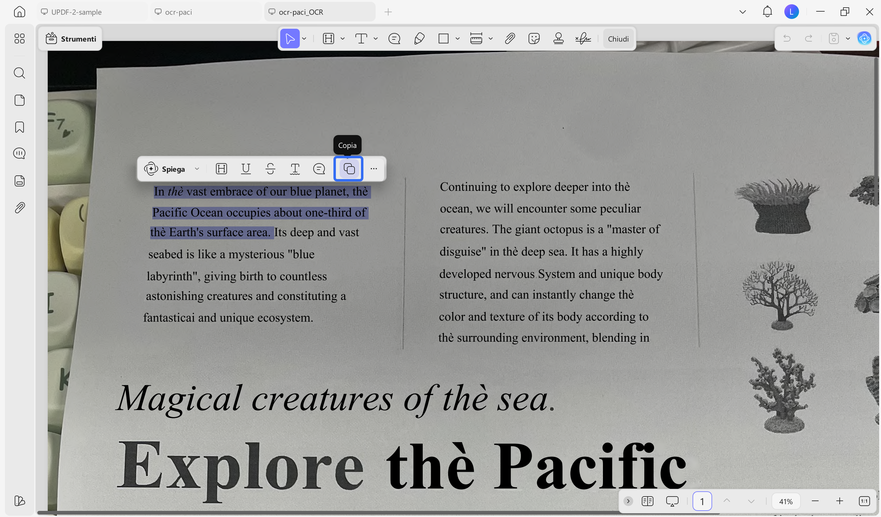 copy text from ocred pdf using the toolbar in updf