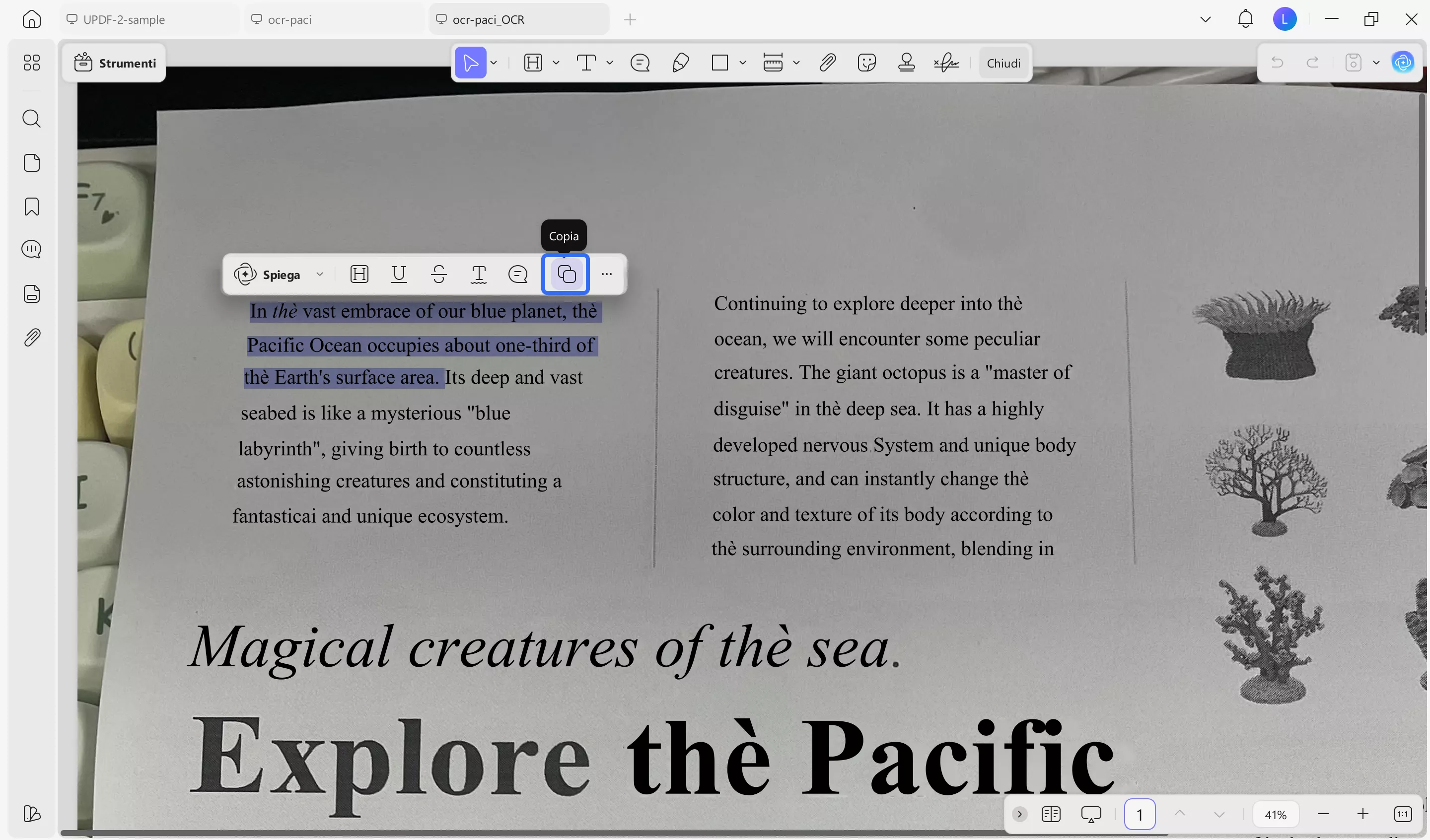 copy text from ocred pdf using the toolbar in updf