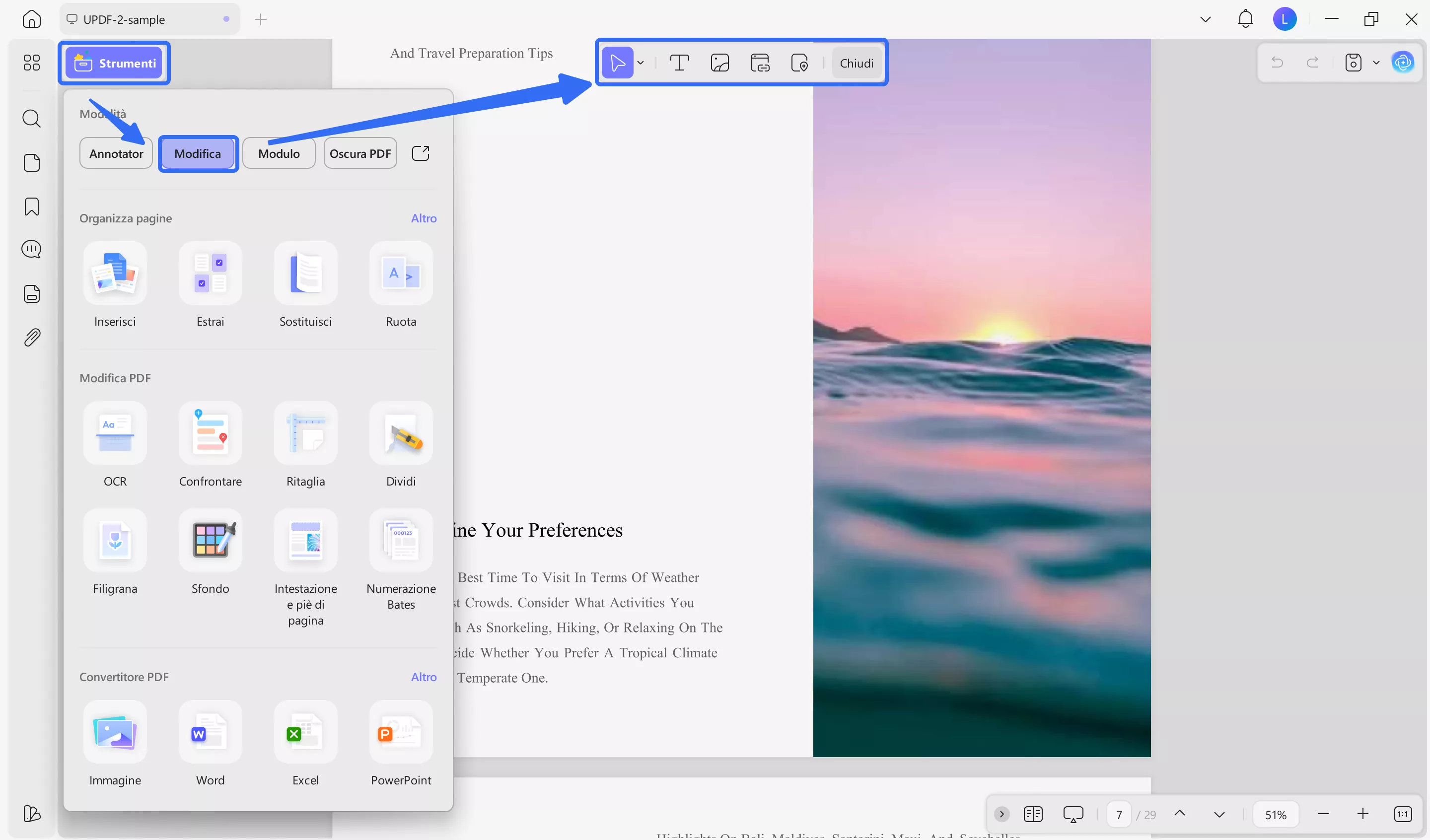 select the tools from the toolbar to add elements in updf