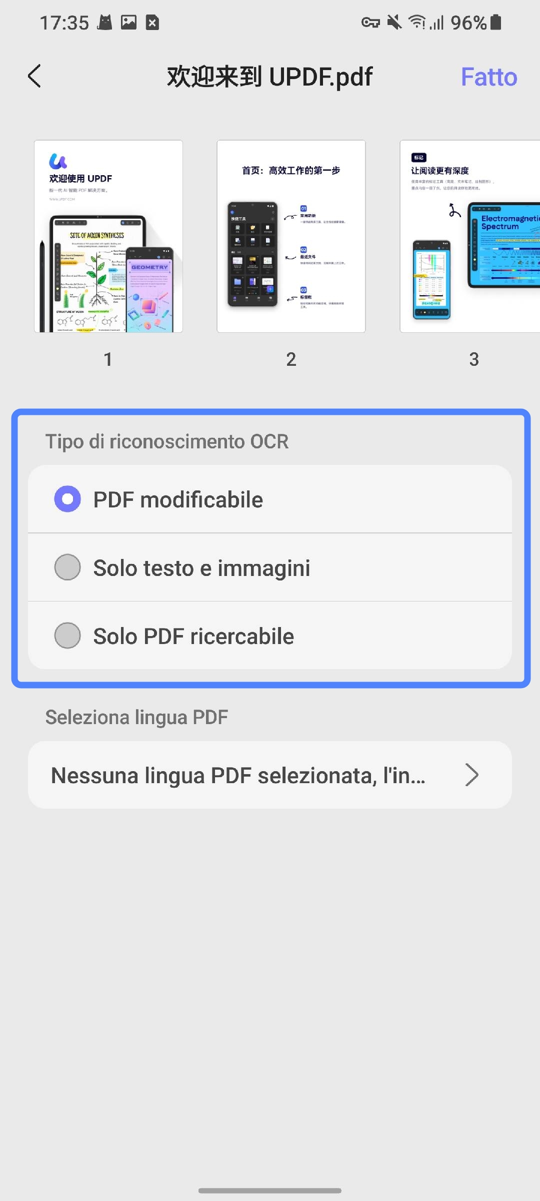 select ocr recognition type updf android