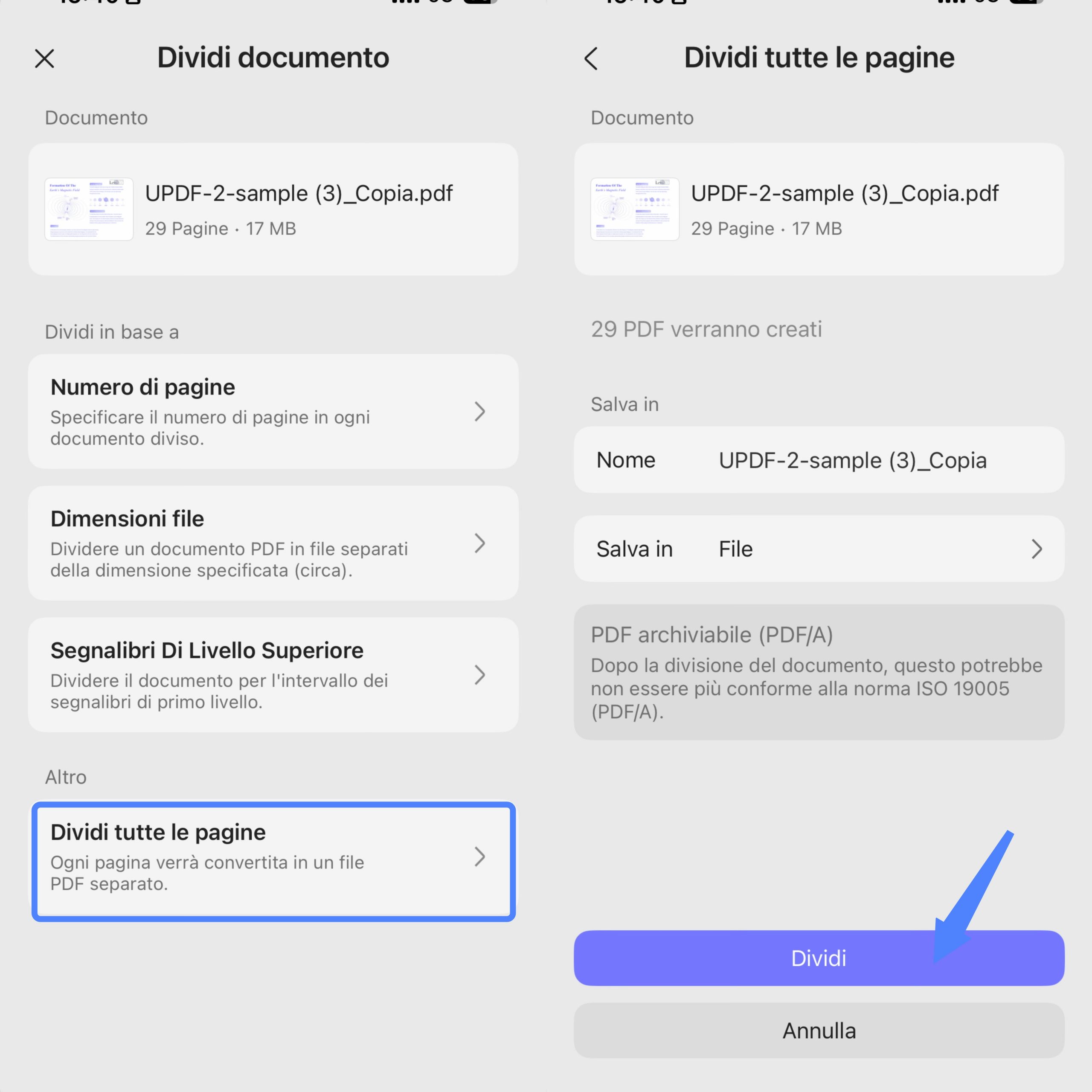 updf ios split all pages option