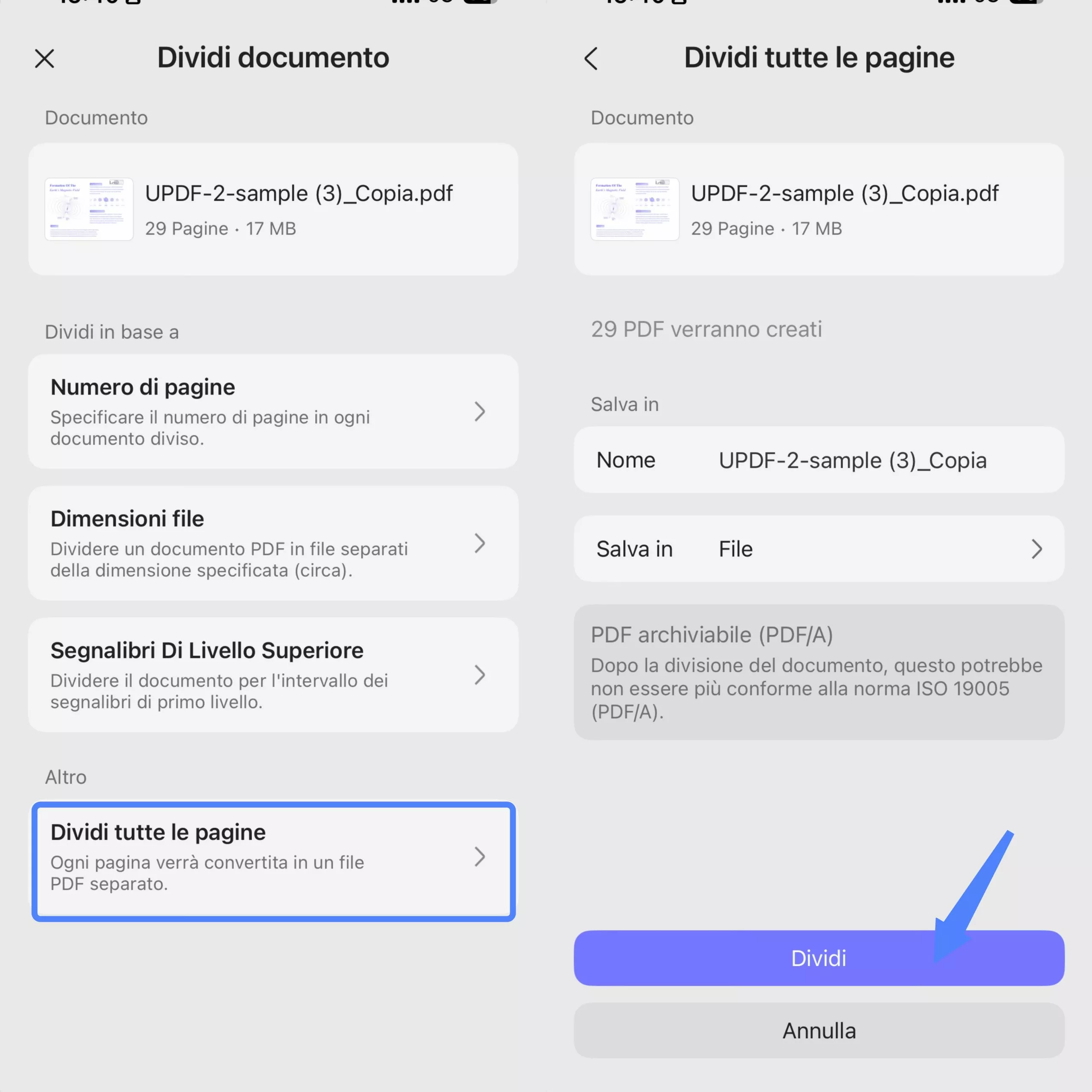 updf ios split all pages option