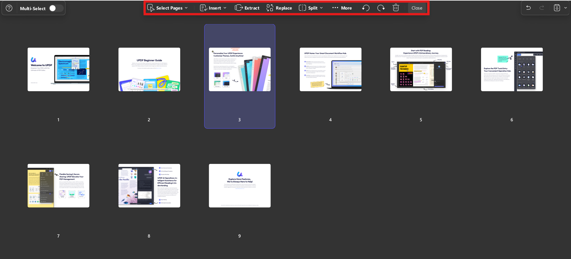 PDF page organization interface for rearranging PDF sections