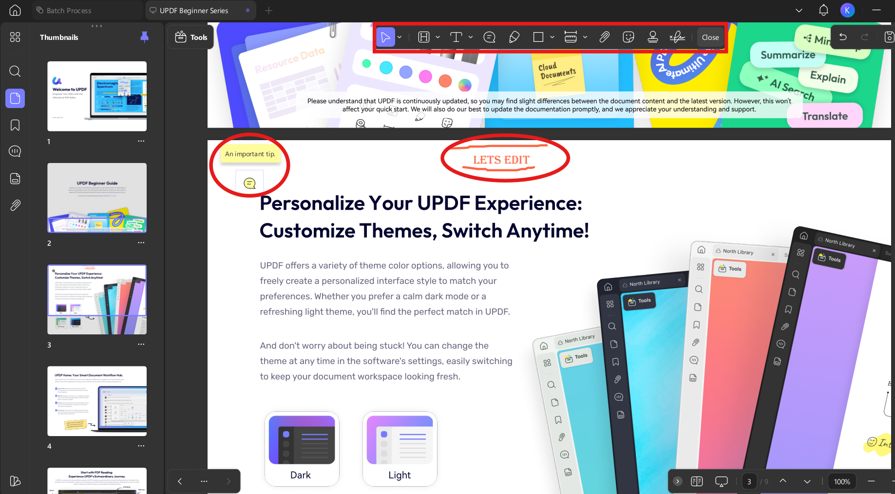 UPDF editing tools used to refine AI-generated PDF content