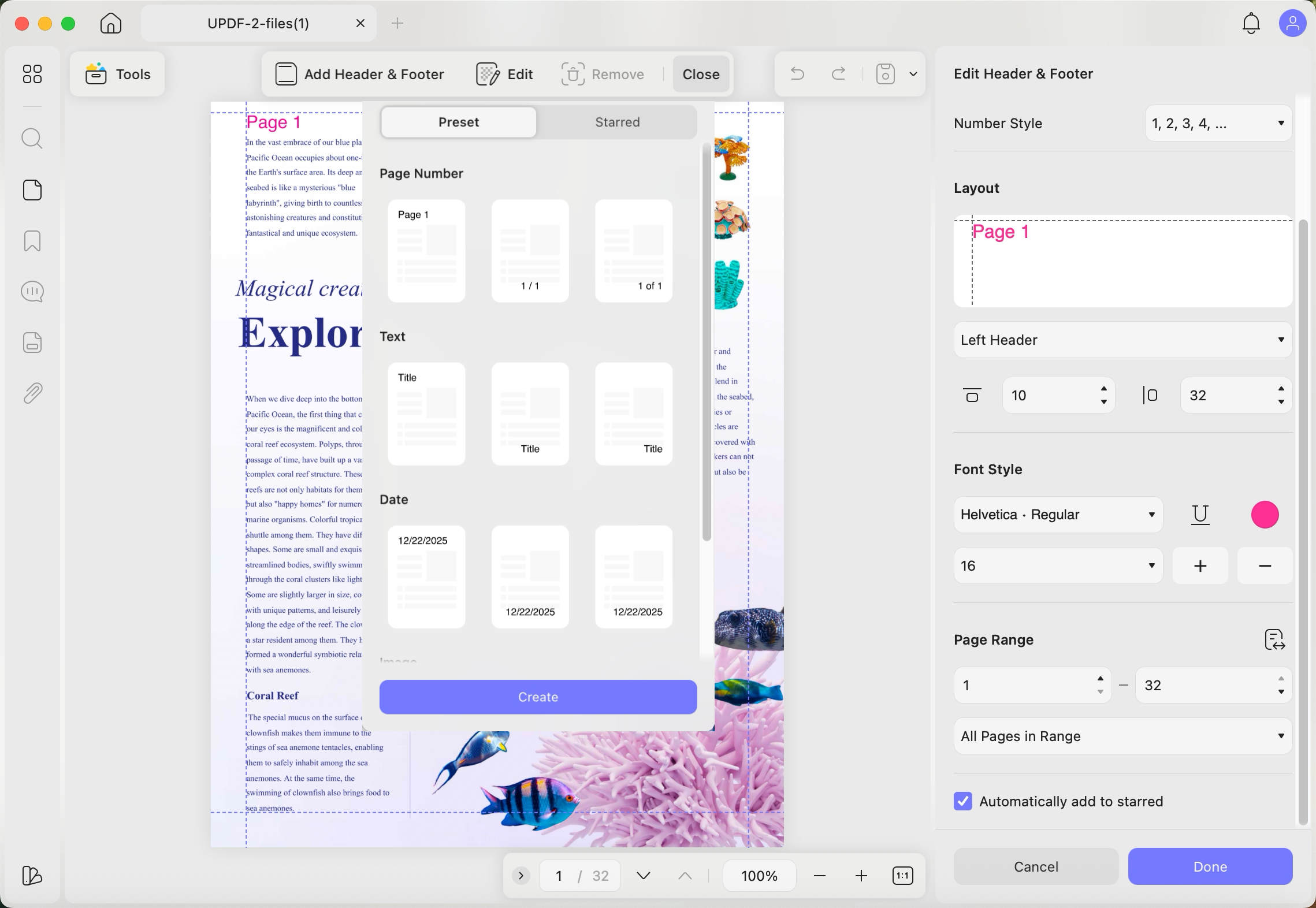 UPDF header and footer customization options for PDF reports