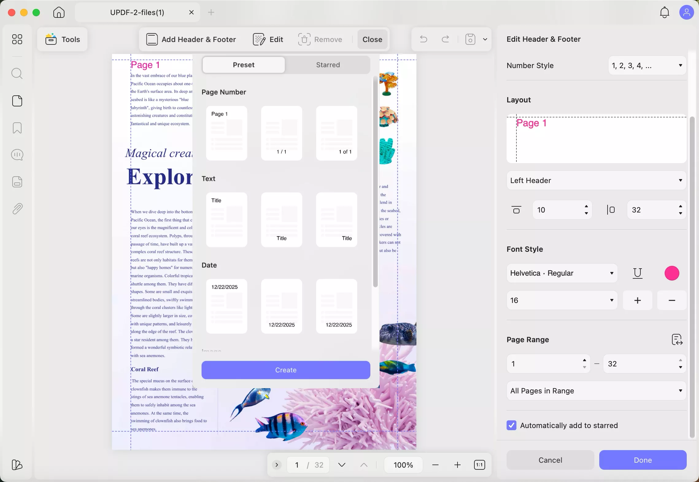 UPDF header and footer customization options for PDF reports