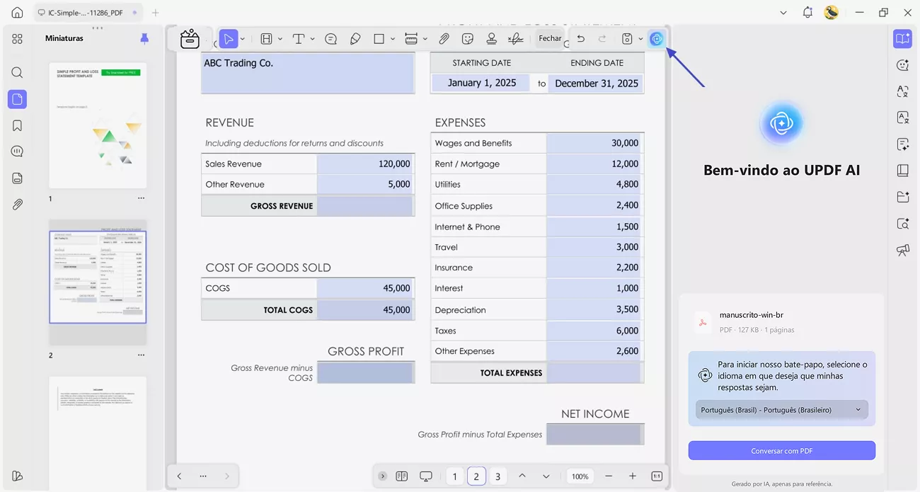 acessar os cálculos de totais com o updf ai
