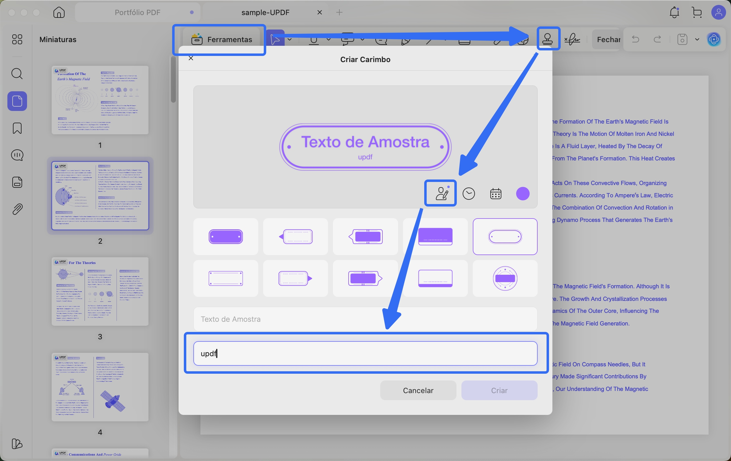 adicionar nome do autor ao carimbo