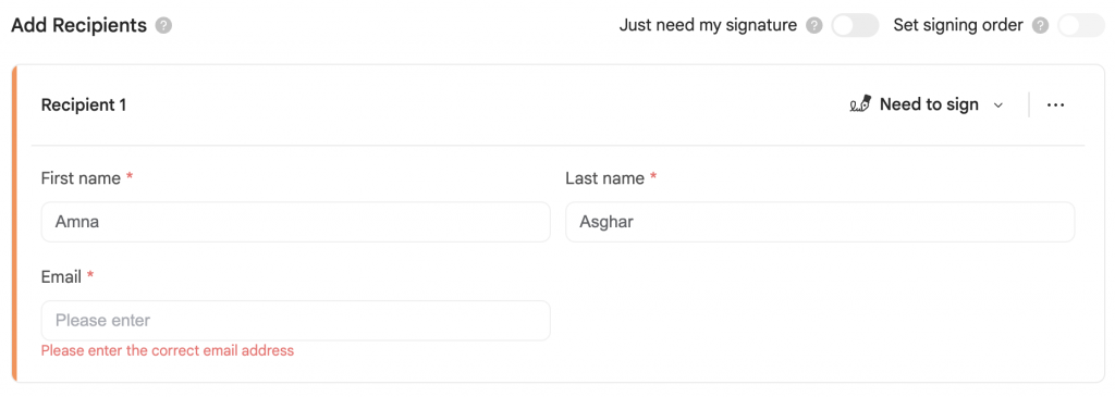 add recipients and toggle Set signing order