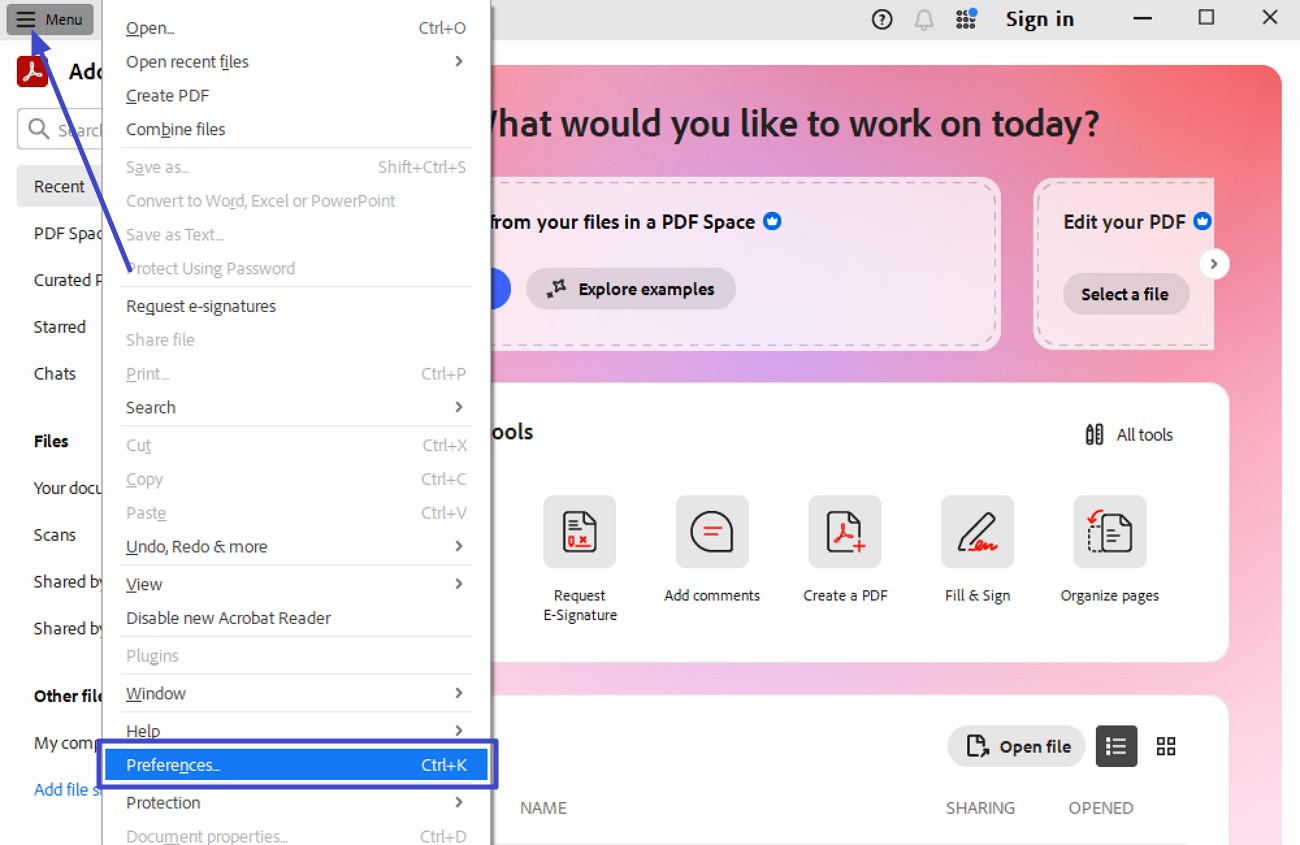open tool select preferences