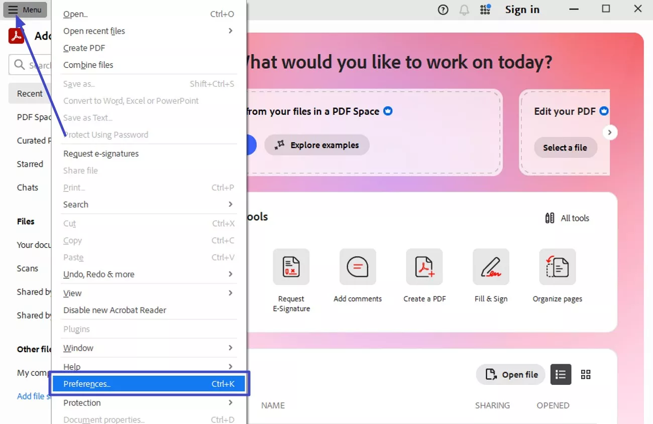 open tool select preferences