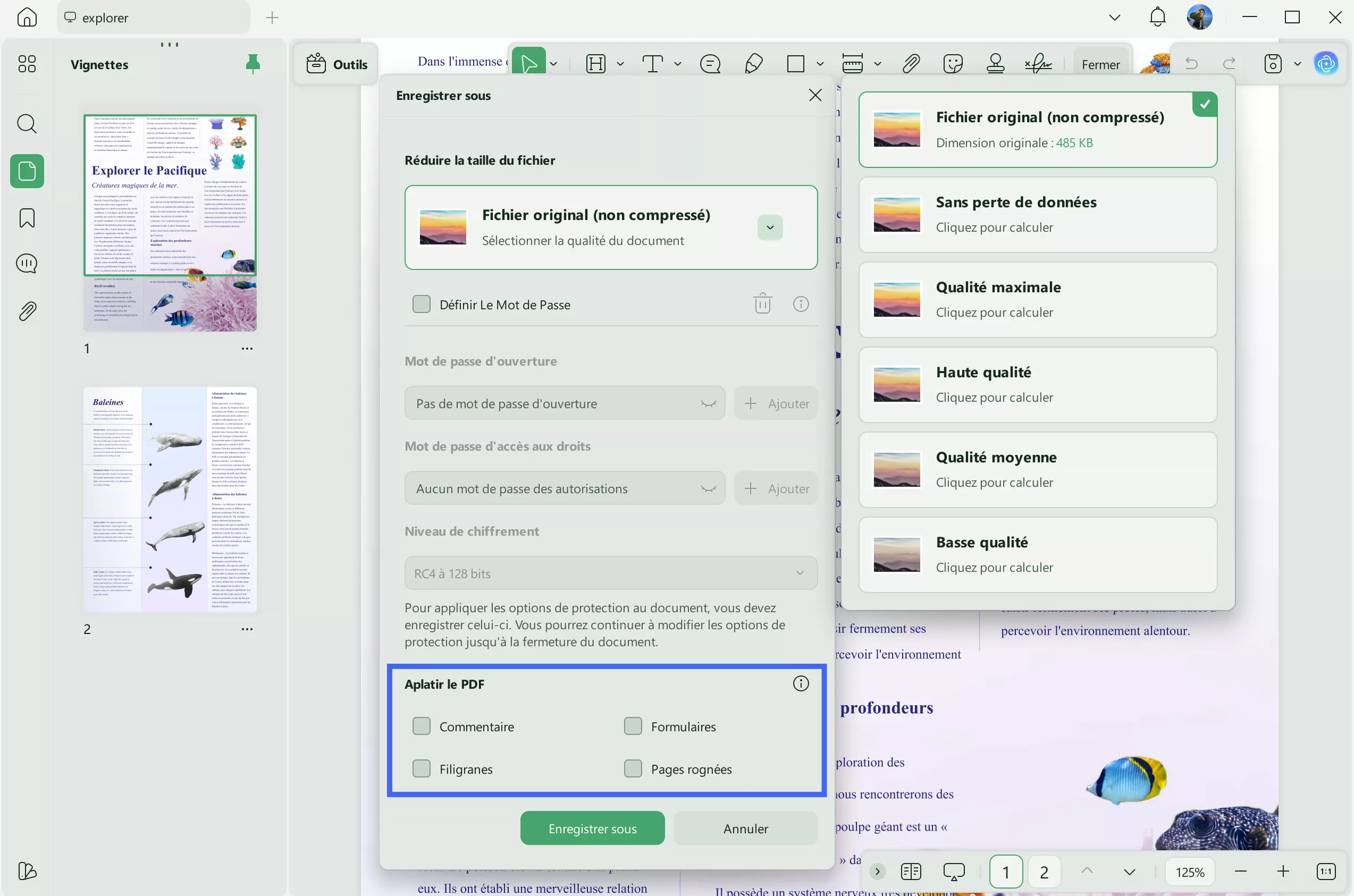 Sélectionnez « Aplatir le PDF » et cliquez sur « Enregistrer sous ».