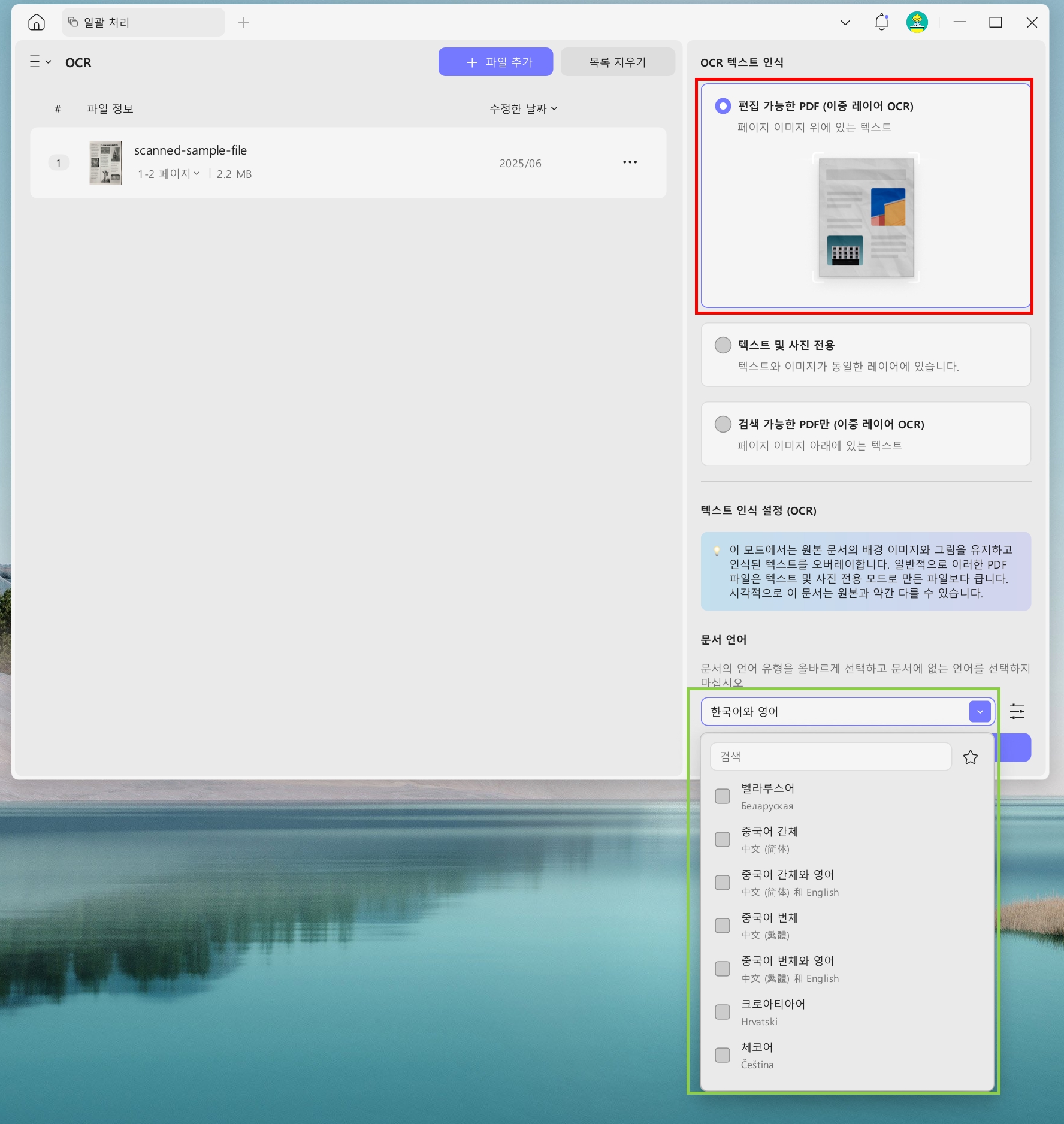 UPDF OCR 언어 설정